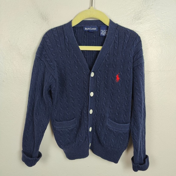 Vintage Ralph Lauren Cableknit Cardigan Boys 4 Years Navy Blue Cotton Preppy - Picture 2 of 6